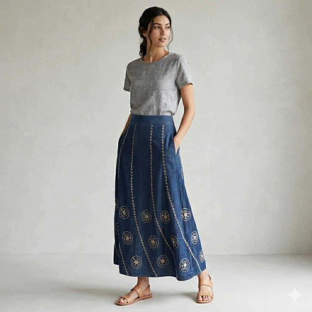 Sacred Threads Blue Embroidered Maxi Skirt Women's Large Western Boho